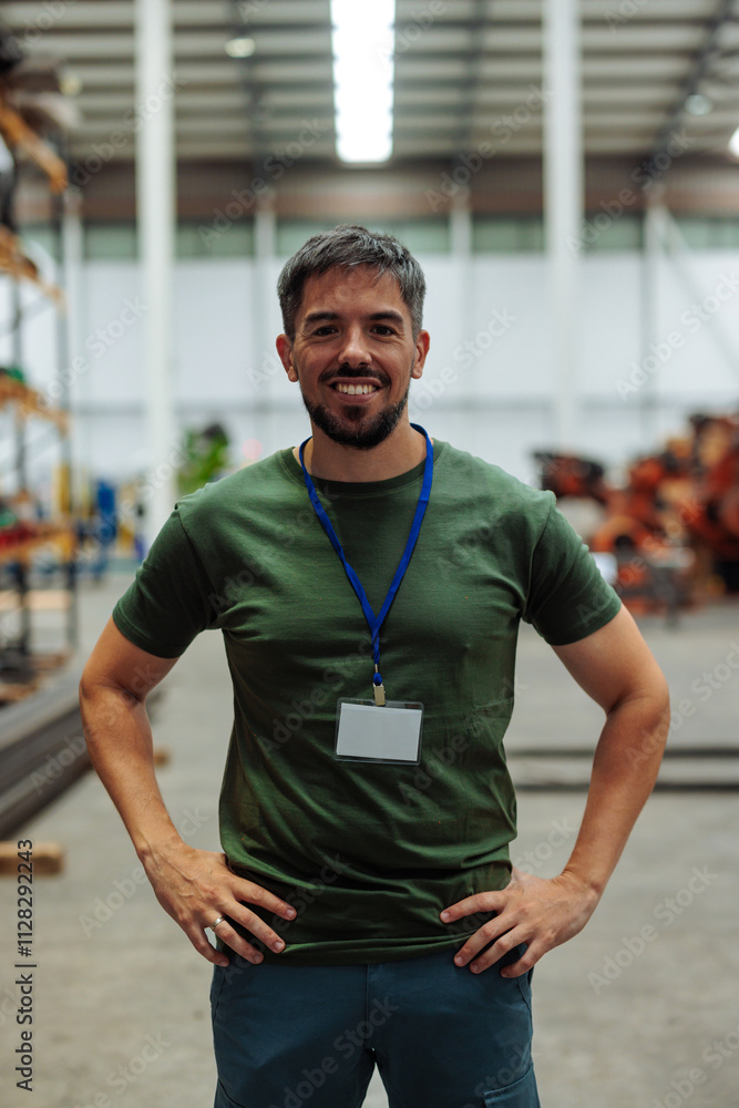 Fototapeta premium Portrait of smiling supervisor wearing id badge in warehouse