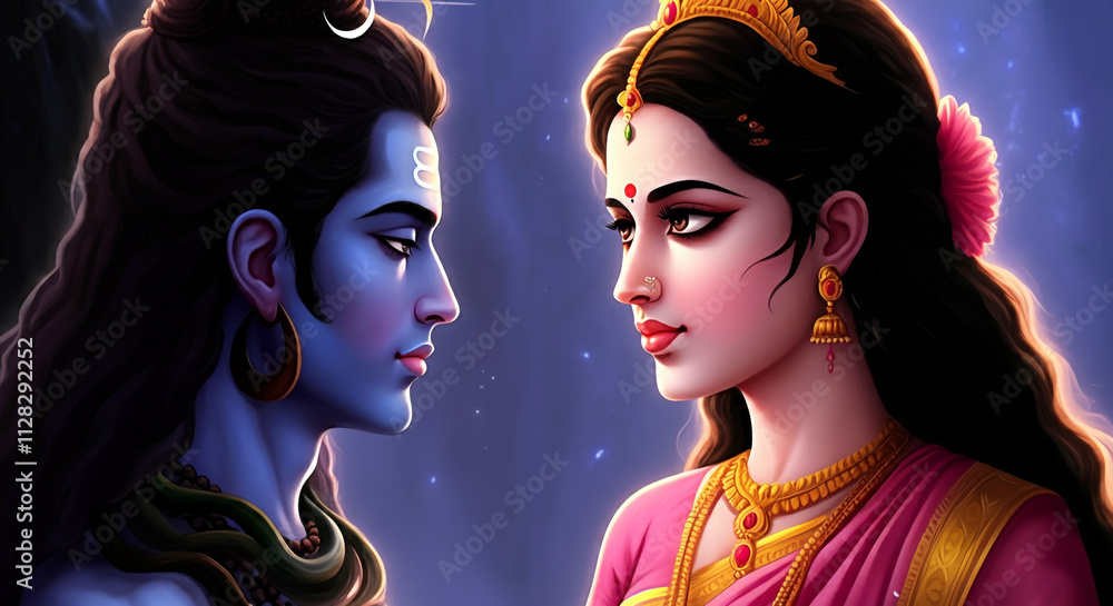 Obraz premium Goddess Parvati lovingly looks at Lord Shiva, showcasing a moment of profound connection and mutual affection in a spiritual setting