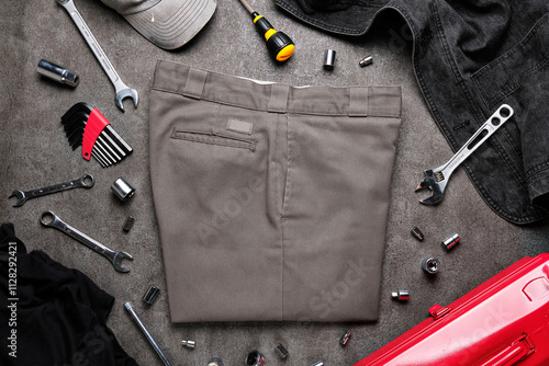 Work pants and tools on a concrete floor.