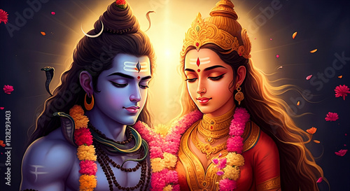  A close depiction of Shiva and Parvati in an intimate moment, radiating love and divine harmony photo