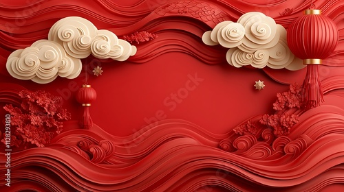 Vibrant chinese new year background with lanterns and clouds in dynamic red waves