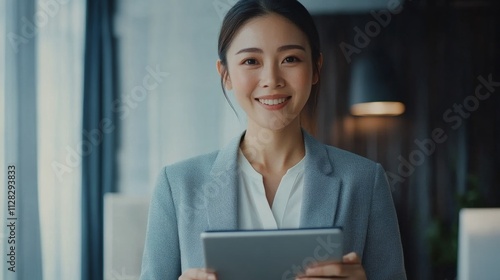 Happy young Asian saleswoman looking at camera welcoming client. Smiling woman executive manager, secretary offering professional business services holding digital tablet standing in office.