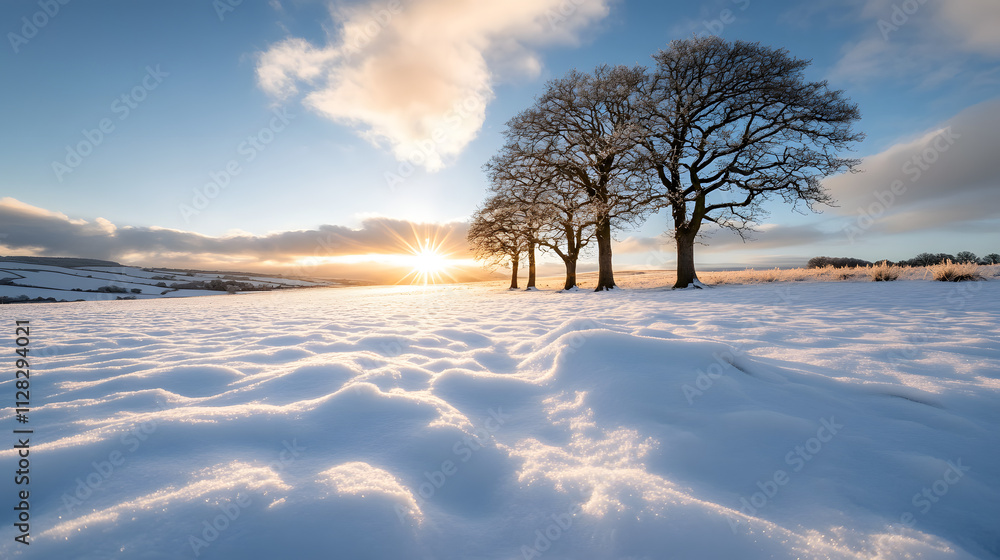 Frosty morning with a snow-covered field, golden sunlight breaking through the trees Frosty morning with a snow-covered field, golden sunlight breaking through the trees