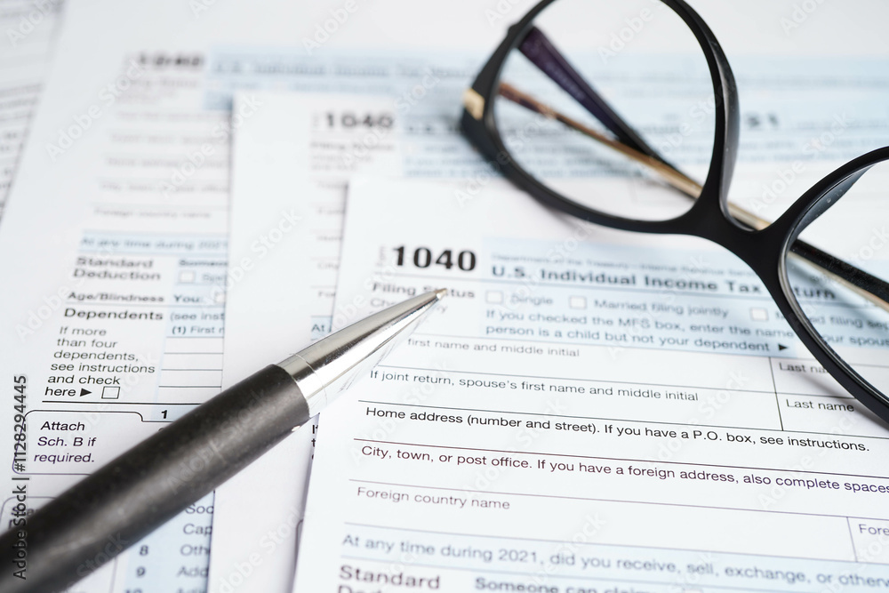 Tax form 1040 U.S. Individual Income Tax Return, business finance. Tax form 1040 U.S. Individual Income Tax Return, business finance.