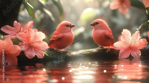 Two Vibrant Pink Birds Perched on a Branch Surrounded by Blossoming Flowers and a Calm Reflective Water Surface in a Lush Natural Setting photo