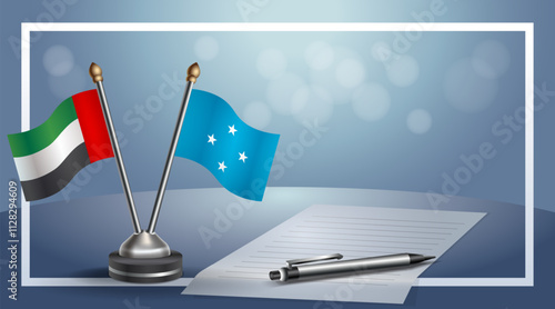 United Arab Emirate and Micronesia National flags on small table with bokeh background, cooperative relationship