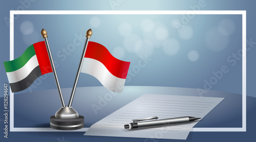 United Arab Emirate and Monaco National flags on small table with bokeh background, cooperative relationship