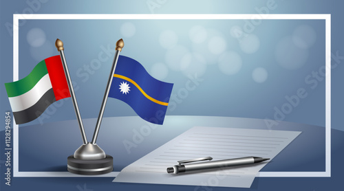 United Arab Emirate and Nauru National flags on small table with bokeh background, cooperative relationship