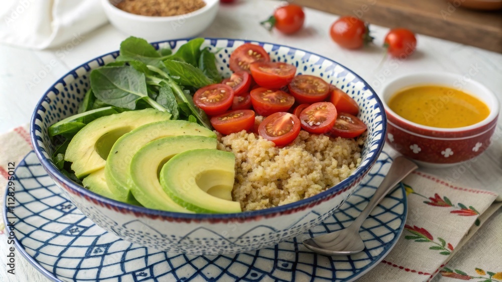 Nestled on a patterned plate the quinoa bowl boasts an explosion of color from fresh avocado slices radiant cherry tomatoes and vibrant leafy greens. Beside it a tiny ramekin Nestled on a patterned plate the quinoa bowl boasts an explosion of color from fresh avocado slices radiant cherry tomatoes and vibrant leafy greens. Beside it a tiny ramekin