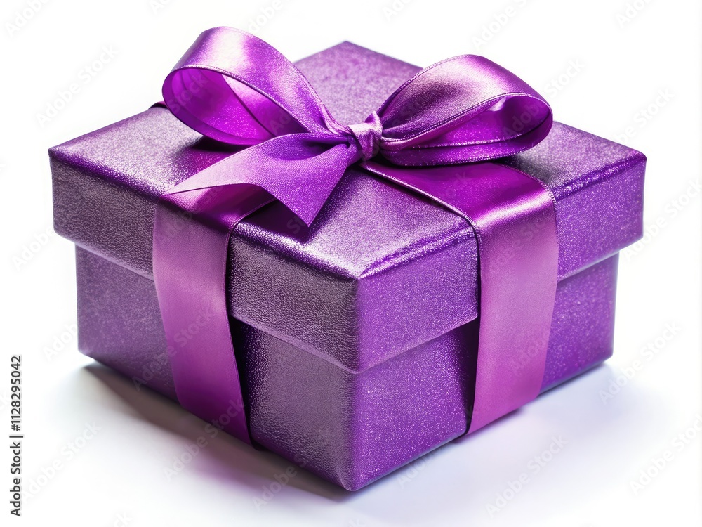 Obraz premium Shiny ribbon adorns a luxurious purple gift box, ideal flat lay background.