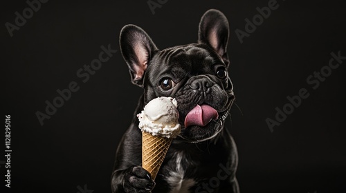 Adorable French Bulldog happily licking a vanilla ice cream cone, showcasing its playful and joyful nature against a dark background. photo