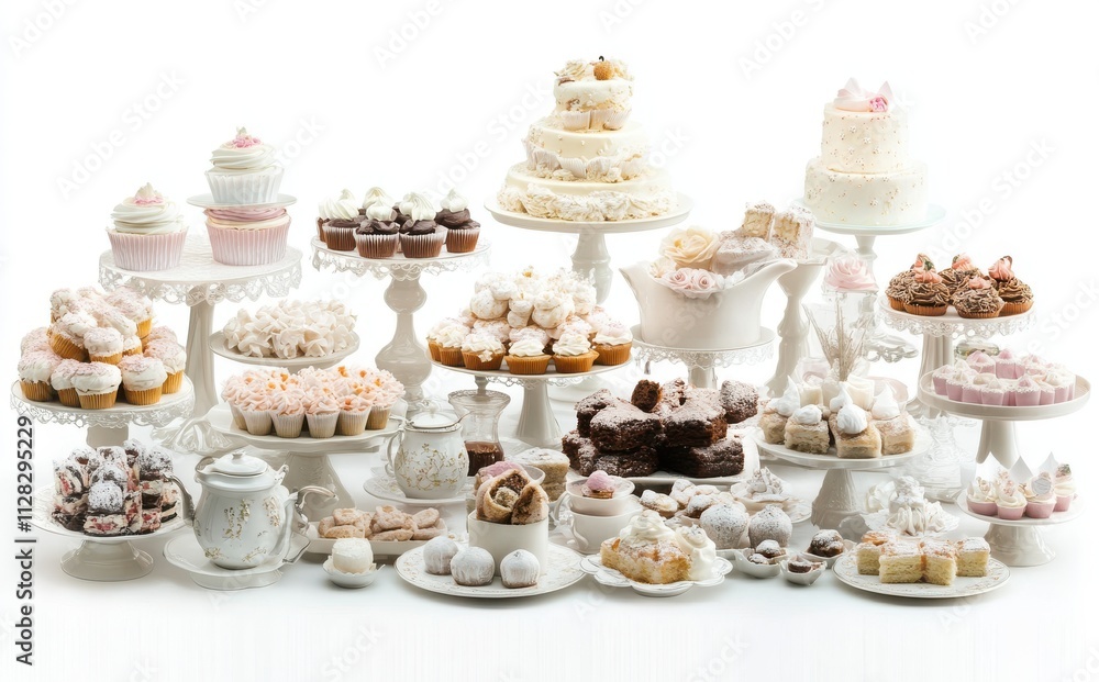 Assorted Delicacies Displayed Elegantly with a Variety of Cakes, Cupcakes, and Sweets on White Background for Celebratory Occasions and Events Assorted Delicacies Displayed Elegantly with a Variety of Cakes, Cupcakes, and Sweets on White Background for Celebratory Occasions and Events