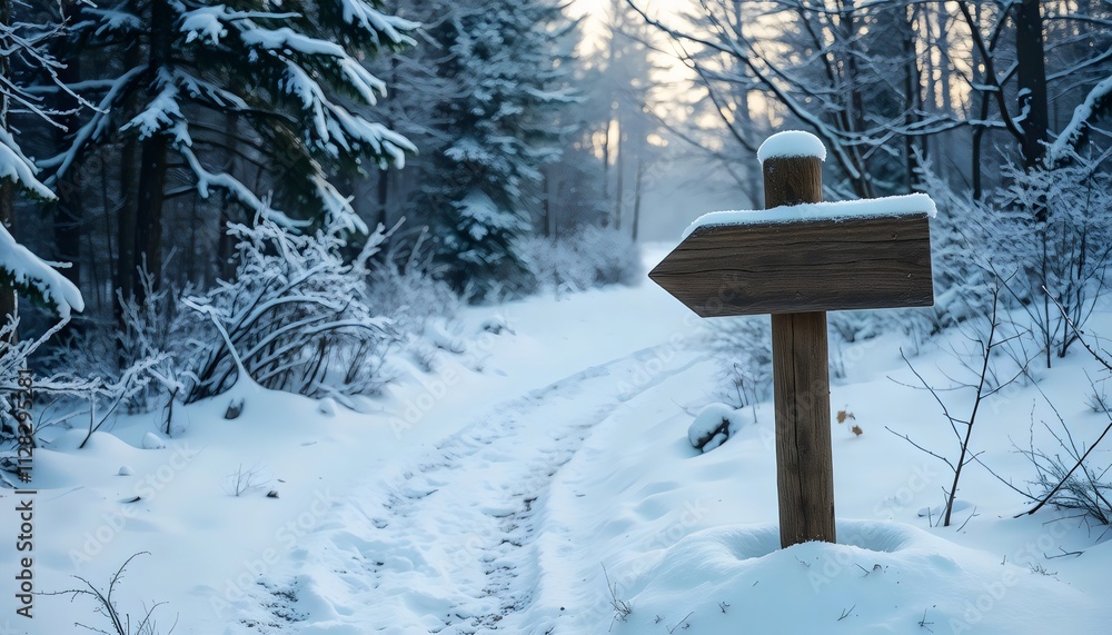 Frosty Winter Trail Marked by Wooden Sign in Snow banner web wallpaper rmockup template Frosty Winter Trail Marked by Wooden Sign in Snow banner web wallpaper rmockup template