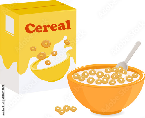 Box of cereal packaging and bowl of breakfast cereal and milk spilling on the table. Cereal ring cornflakes product and milk splashes. Vector illustration