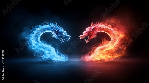 Dynamic clash of fire and ice dragons a mystical chinese new year digital art scene