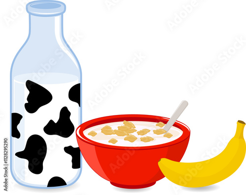 Healthy breakfast. A red bowl of cereal, bottle of cow milk and banana fruit. Healthy food snack with dairy and fruit for the morning. Vector illustration.
