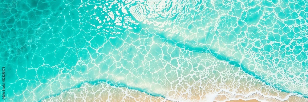 Obraz premium Golden sandy beach with emerald green sea water, gentle ripples of water on the shore, tropical paradise vacation vibes, paradise, summer
