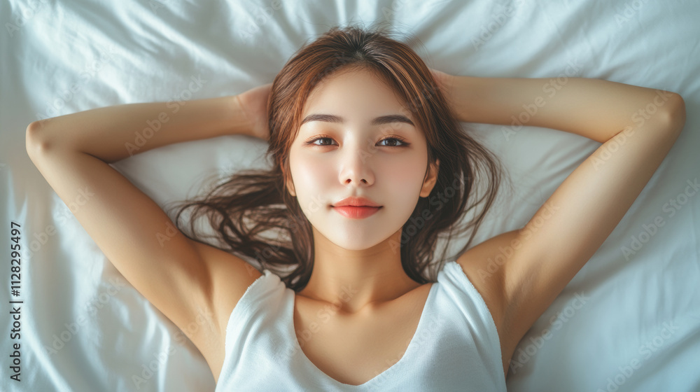 young Asian woman lies comfortably on her bed, looking relaxed and serene, with her arms resting behind her head on white pillow young Asian woman lies comfortably on her bed, looking relaxed and serene, with her arms resting behind her head on white pillow
