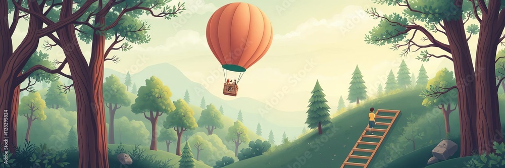 Obraz premium Graphic illustration of stairs in a whimsical forest setting with air balloons, perfect for kids room wallpaper, pillows, baby wear, and greeting cards, stairs, wallpaper