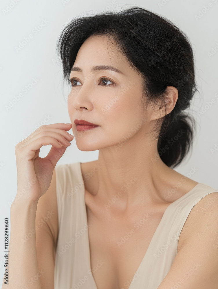 mature Asian woman with serene expression, wearing beige cami, gazes thoughtfully to side against neutral background. Her dark hair is styled in loose updo, highlighting her elegant features mature Asian woman with serene expression, wearing beige cami, gazes thoughtfully to side against neutral background. Her dark hair is styled in loose updo, highlighting her elegant features
