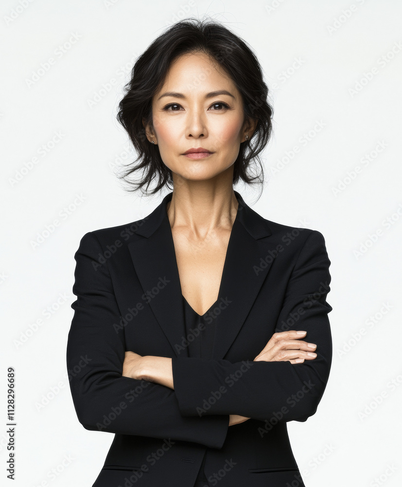 confident mature Asian businesswoman in fitted black suit stands with arms crossed, exuding professionalism and authority against plain background confident mature Asian businesswoman in fitted black suit stands with arms crossed, exuding professionalism and authority against plain background