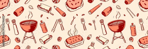 Hand drawn BBQ barbeque design elements in sketch style, perfect for menu prints, packing, advertising, wrapping paper, sketch style, wrapping paper