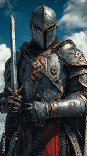 Medieval knight in detailed armor holding a sword photo