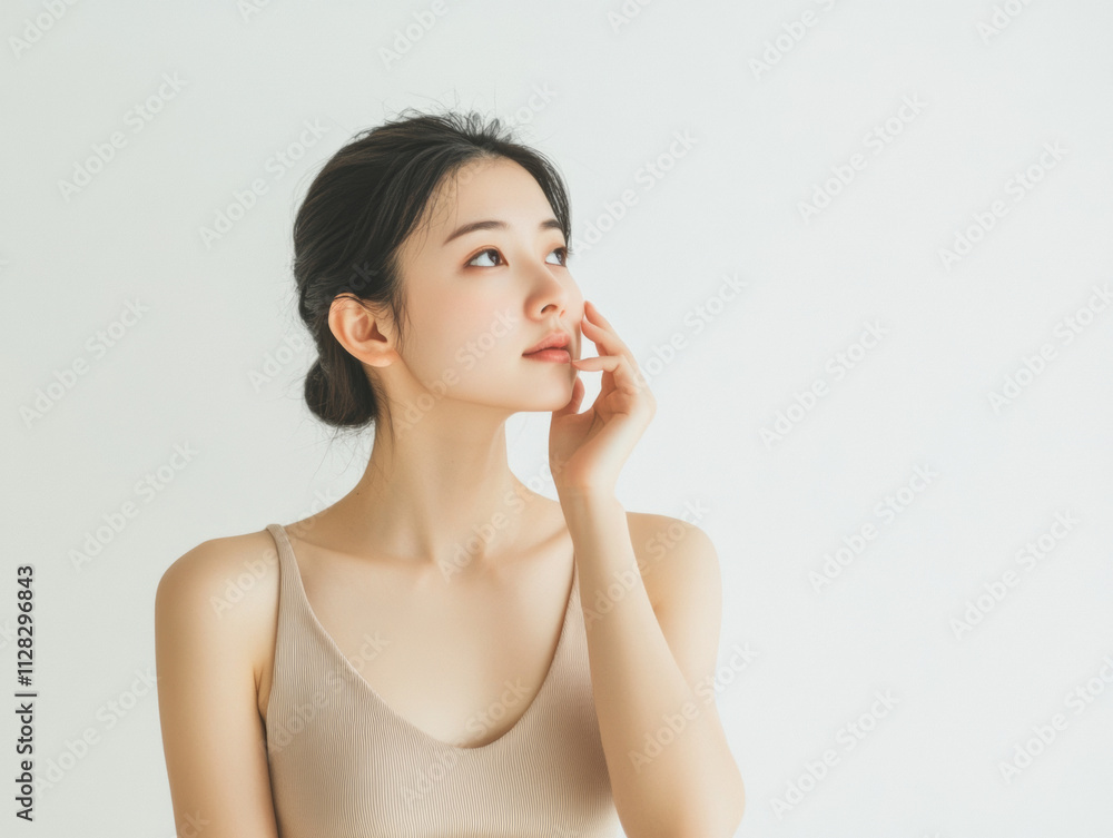 thoughtful Asian woman in beige tank top gazes upward against light background thoughtful Asian woman in beige tank top gazes upward against light background