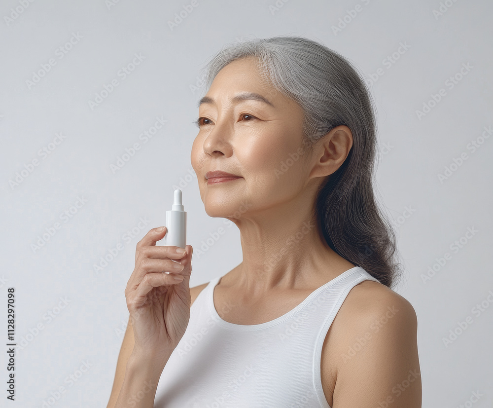 Elderly Asian woman in white tank top holding small bottle, looking serene against neutral background Elderly Asian woman in white tank top holding small bottle, looking serene against neutral background