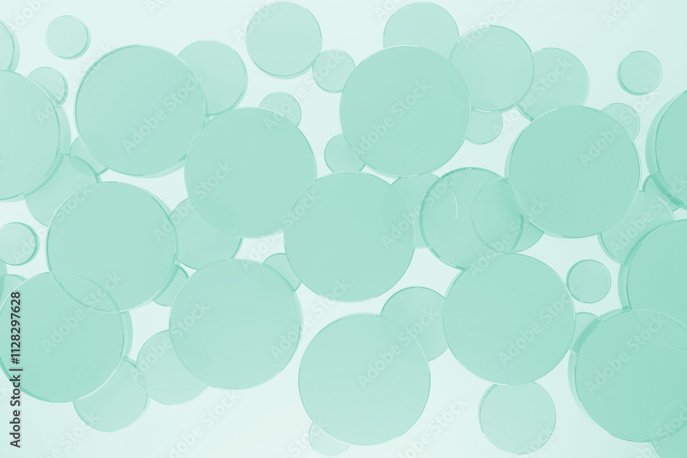 Mint green flying smooth transparent glass circles pattern on white abstract background, top view. 3D illustration - circles texture in purity, cosmetic, geometric style for sale, advertising, design. Mint green flying smooth transparent glass circles pattern on white abstract background, top view. 3D illustration - circles texture in purity, cosmetic, geometric style for sale, advertising, design.