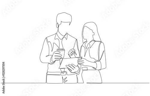 Continuous one line drawing of female employee asking colleague for advice about work, talking about work in office concept, single line art