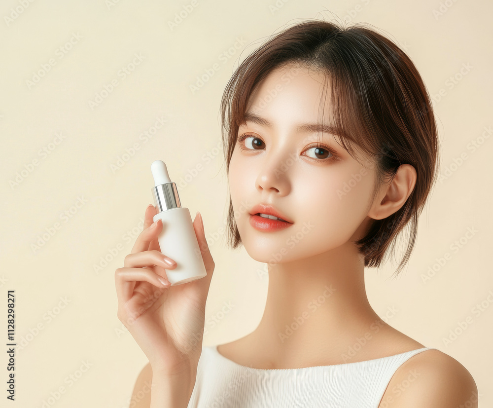 young woman with short hair holds skincare serum bottle, showcasing fresh and radiant complexion. soft background enhances serene and elegant atmosphere young woman with short hair holds skincare serum bottle, showcasing fresh and radiant complexion. soft background enhances serene and elegant atmosphere