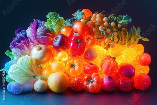 vibrant arrangement of glowing vegetables and fruits forming shape of tree against dark gradient background photo