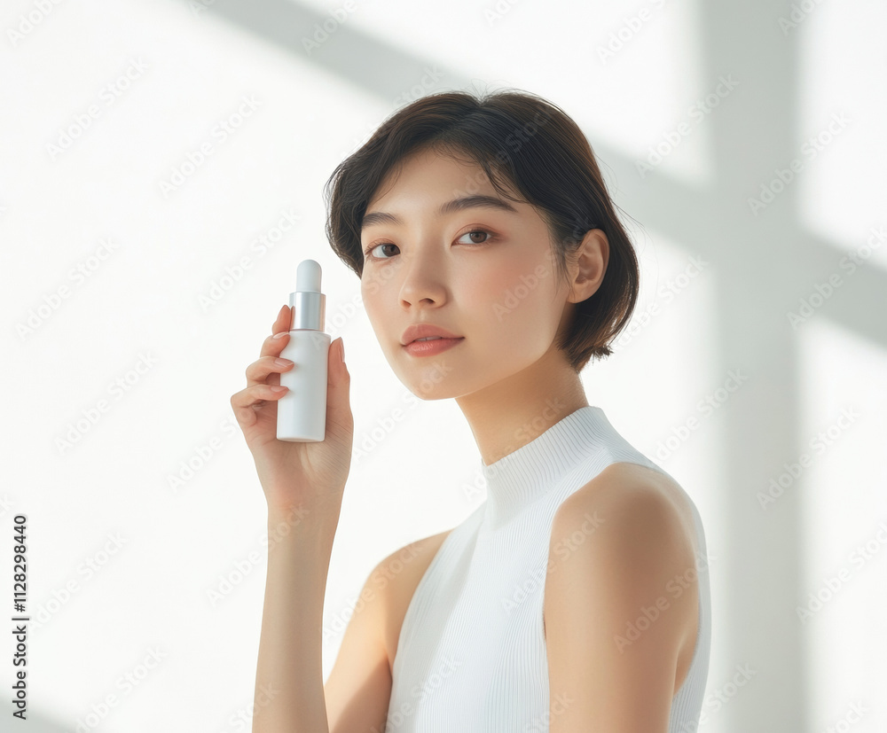young Asian woman with short hair holds white cosmetic bottle, standing in bright, minimalist setting. She wears sleeveless white top, exuding elegance and simplicity young Asian woman with short hair holds white cosmetic bottle, standing in bright, minimalist setting. She wears sleeveless white top, exuding elegance and simplicity