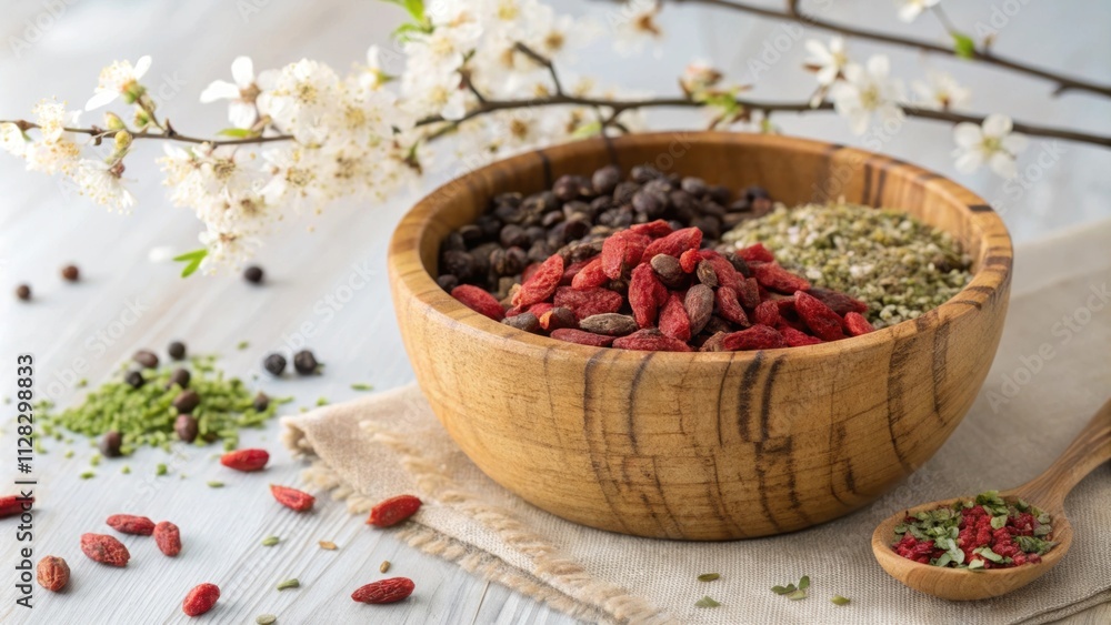 An elegantly styled wooden bowl filled to the brim with a mix of plump rubyred goji berries crunchy dark cacao nibs and delicate green hemp seeds the textured wood adding An elegantly styled wooden bowl filled to the brim with a mix of plump rubyred goji berries crunchy dark cacao nibs and delicate green hemp seeds the textured wood adding