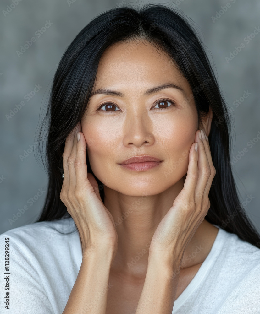 serene Asian woman with radiant complexion gently touches her face, exuding calmness and confidence. She wears white top against neutral background, highlighting her natural beauty serene Asian woman with radiant complexion gently touches her face, exuding calmness and confidence. She wears white top against neutral background, highlighting her natural beauty