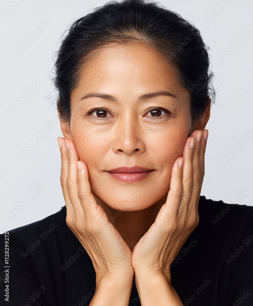 Asian woman with radiant complexion gently touching her face, exuding elegance and confidence Asian woman with radiant complexion gently touching her face, exuding elegance and confidence
