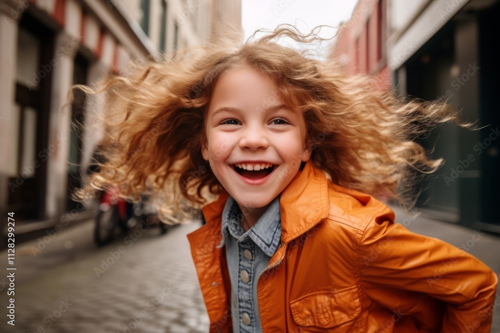 Portrait of a beautiful little girl with curly hair in an orange jacket on the street Portrait of a beautiful little girl with curly hair in an orange jacket on the street