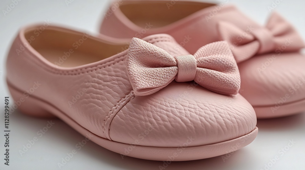 Pair of cute baby pumps a decorative bow on the toe in soft pink leather isolated on white background Pair of cute baby pumps a decorative bow on the toe in soft pink leather isolated on white background