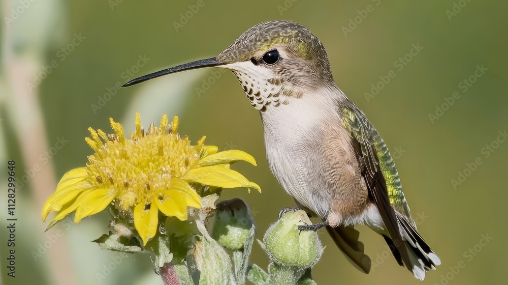 Fototapeta premium Close-up of a hummingbird feeding on a vibrant yellow flower, showcasing nature's beauty and pollination process in detail.