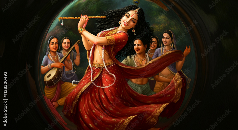 Goddess Radha dancing gracefully, surrounded by devotees in a festive and joyous celebration, depicting divine playfulness and beauty Goddess Radha dancing gracefully, surrounded by devotees in a festive and joyous celebration, depicting divine playfulness and beauty