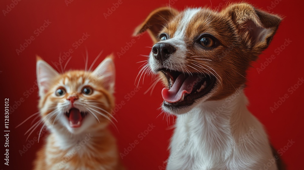 Dog barks at cat. Dog looks at cat and barks. Red background Dog barks at cat. Dog looks at cat and barks. Red background