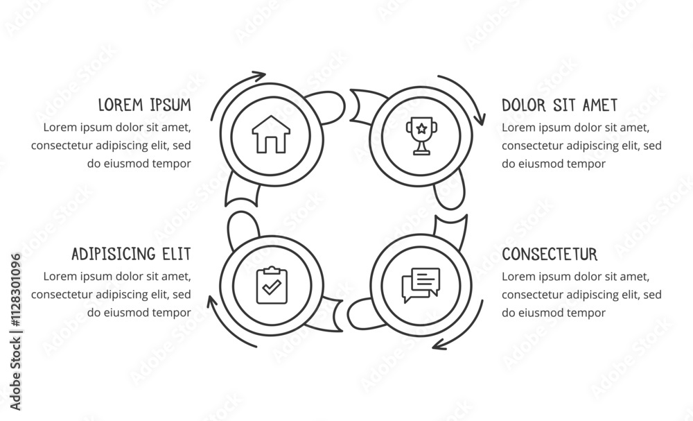 Fototapeta premium Hand drawn circular chart template with 4 elements, doodle infographics, vector eps10 illustration