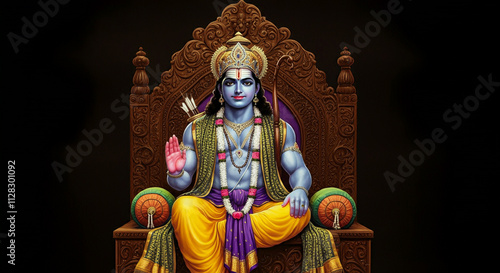 A majestic illustration of Lord Rama seated on a royal throne, adorned with traditional jewelry and holding a bow, symbolizing righteousness and courage