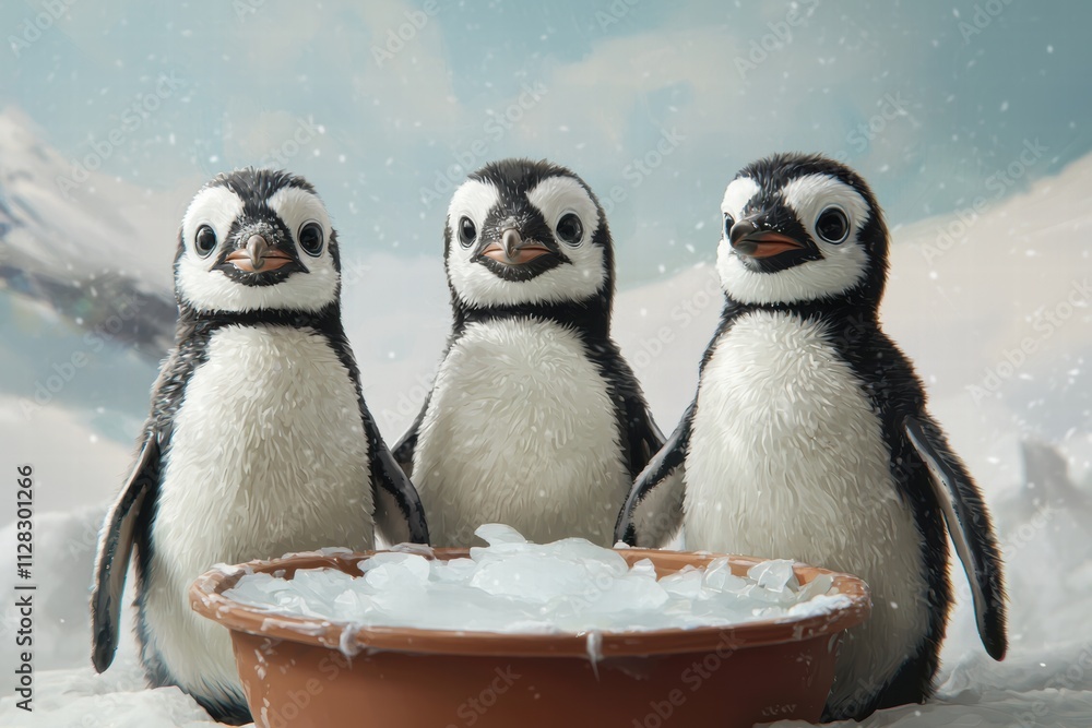 Fototapeta premium wildlife rescue recovery concept. Three adorable penguins gather around a bowl of ice, set against a snowy backdrop, showcasing their playful nature in a winter wonderland.