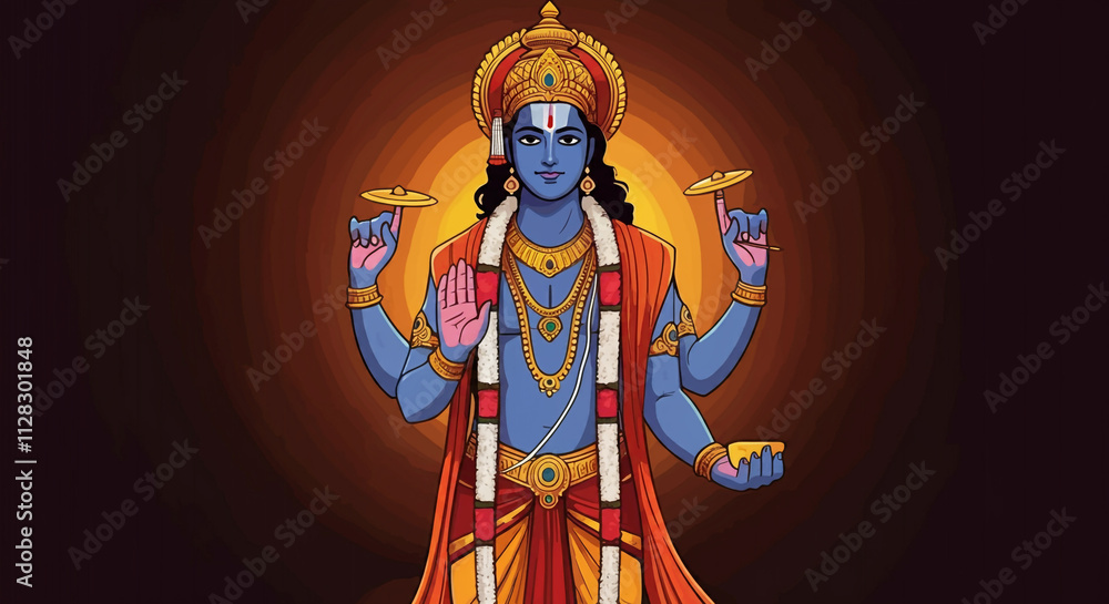 Fototapeta premium A powerful illustration of Lord Vishnu with four arms holding divine objects, adorned with royal attire and a glowing halo, symbolizing balance and protection