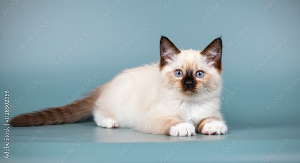Adorable siamese kitten with blue eyes relaxing on a soft blue background Adorable siamese kitten with blue eyes relaxing on a soft blue background
