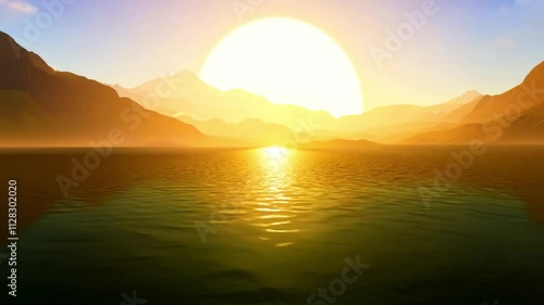 Unfocused colorful sunrise over lake and mountains photo