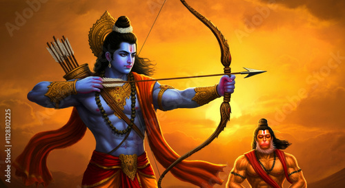 A heroic depiction of Lord Rama aiming his bow, dressed in traditional royal attire, set against a glowing orange backdrop symbolizing courage and righteousness photo