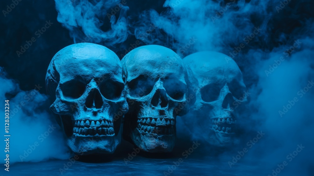 Skull Fog In Dark Halloween Background - Real Mist On Black Floor Skull Fog In Dark Halloween Background - Real Mist On Black Floor